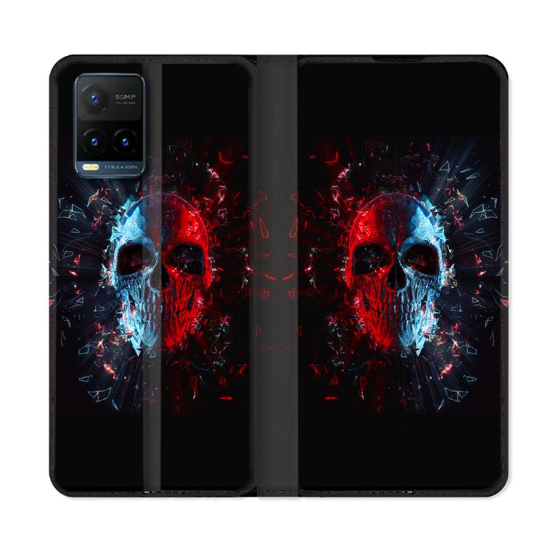 Housse cuir portefeuille Pour Vivo Y21 / Y21S / Y33S Tete de Mort Deflagration