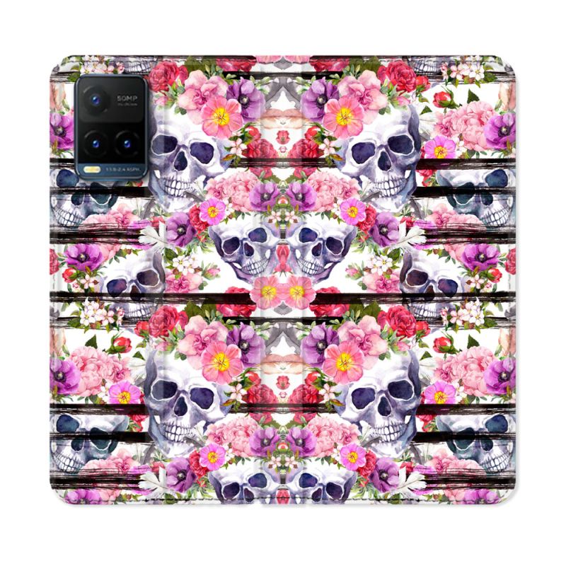 Housse cuir portefeuille Pour Vivo Y21 / Y21S / Y33S Tete de Mort Pattern