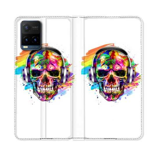 Housse cuir portefeuille Pour Vivo Y21 / Y21S / Y33S Tete de Mort Tag