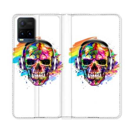 Housse cuir portefeuille Pour Vivo Y21 / Y21S / Y33S Tete de Mort Tag