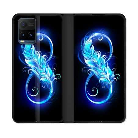 Housse cuir portefeuille Pour Vivo Y21 / Y21S / Y33S Texture Plume Infini Bleu