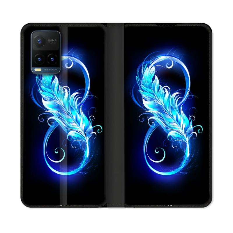 Housse cuir portefeuille Pour Vivo Y21 / Y21S / Y33S Texture Plume Infini Bleu