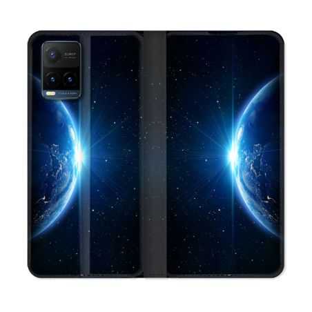 Housse cuir portefeuille Pour Vivo Y21 / Y21S / Y33S Univers Planete Terre