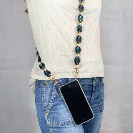 Coque Transparente Pour Iphone 14 Plus (6,7) avec Lanière / Bandoulière / Cordon téléphone Anneaux Bleu et Or