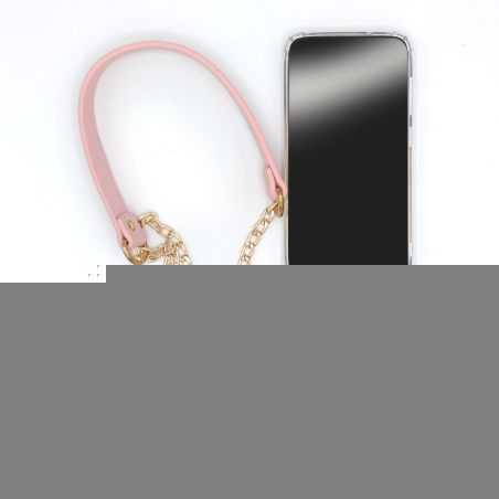Coque Transparente Pour Iphone 14 Pro Plus (6,7) avec Lanière / Bandoulière / Cordon téléphone Chaine et Cuir Rose