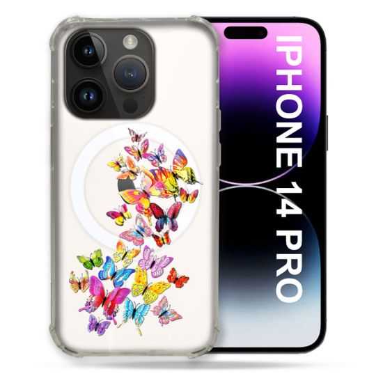 Coque Transparente Compatible MagSafe Pour Iphone 14 Pro (6.1) Papillon Multicolore
