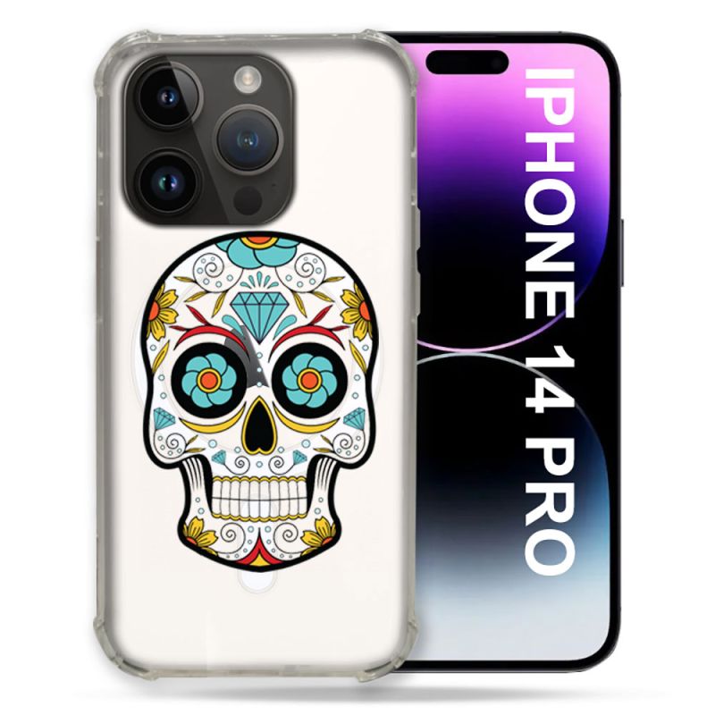 Coque Transparente Compatible MagSafe Pour Iphone 14 Pro (6.1) Tete Mort Color