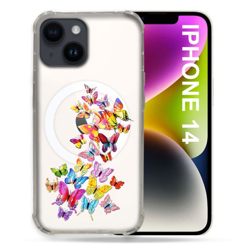 Coque Transparente Compatible MagSafe Pour Iphone 14 Pro Plus (6.7) Papillon Multicolore