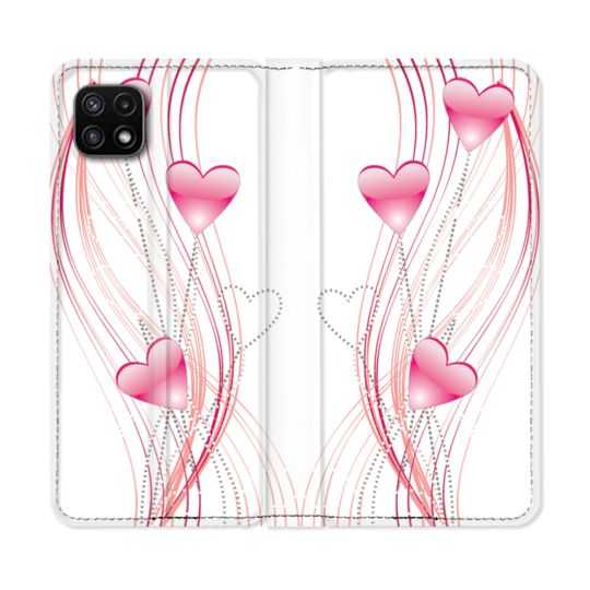 Housse cuir portefeuille Pour Samsung Galaxy A22 5G Amour Coeur Rose Montant sur Blanc