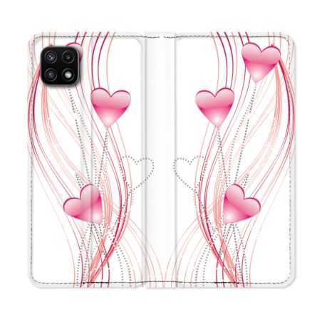 Housse cuir portefeuille Pour Samsung Galaxy A22 5G Amour Coeur Rose Montant sur Blanc