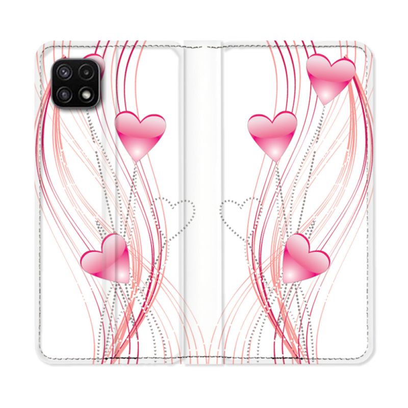 Housse cuir portefeuille Pour Samsung Galaxy A22 5G Amour Coeur Rose Montant sur Blanc