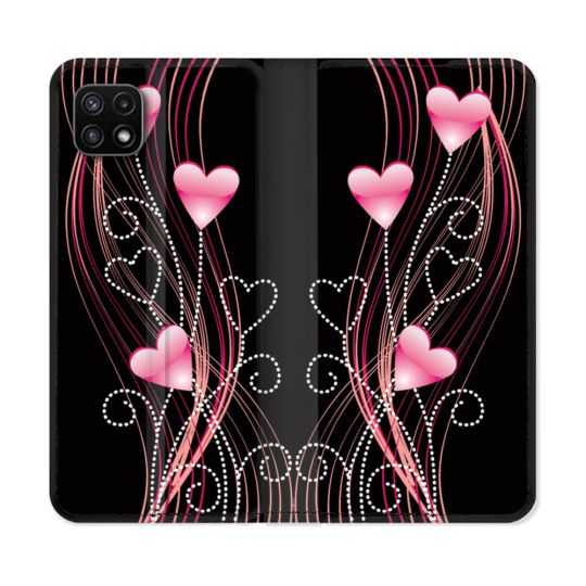 Housse cuir portefeuille Pour Samsung Galaxy A22 5G Amour Coeur Rose Montant sur Noir