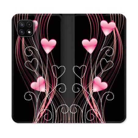 Housse cuir portefeuille Pour Samsung Galaxy A22 5G Amour Coeur Rose Montant sur Noir