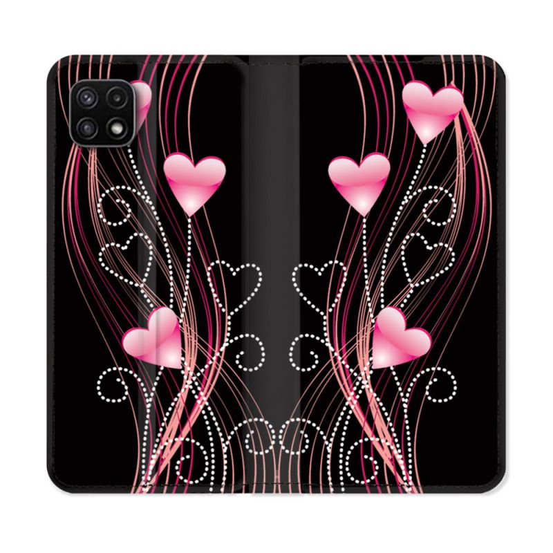 Housse cuir portefeuille Pour Samsung Galaxy A22 5G Amour Coeur Rose Montant sur Noir