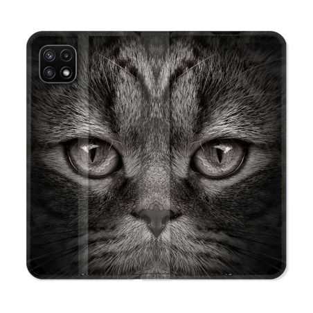 Housse cuir portefeuille Pour Samsung Galaxy A22 5G Animal Chat Gris