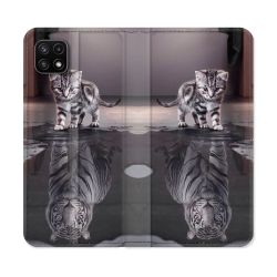 Housse cuir portefeuille Pour Samsung Galaxy A22 5G Animal Chat Reflet