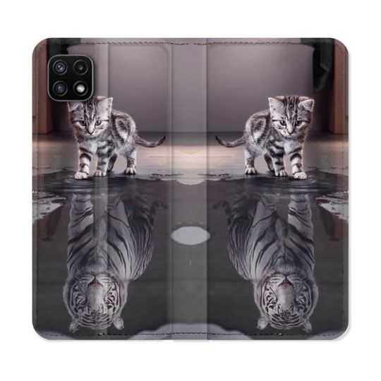 Housse cuir portefeuille Pour Samsung Galaxy A22 5G Animal Chat Reflet