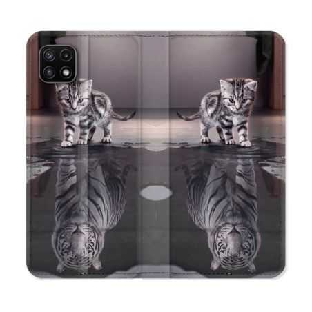 Housse cuir portefeuille Pour Samsung Galaxy A22 5G Animal Chat Reflet
