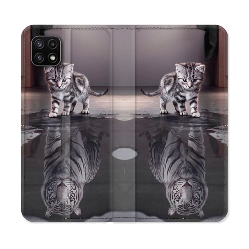 Housse cuir portefeuille Pour Samsung Galaxy A22 5G Animal Chat Reflet