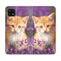 Housse cuir portefeuille Pour Samsung Galaxy A22 5G Animal Chat Violet