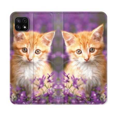 Housse cuir portefeuille Pour Samsung Galaxy A22 5G Animal Chat Violet
