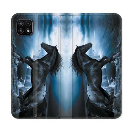 Housse cuir portefeuille Pour Samsung Galaxy A22 5G Animal Cheval Noir