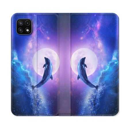 Housse cuir portefeuille Pour Samsung Galaxy A22 5G Animal Dauphin Vague
