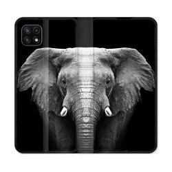 Housse cuir portefeuille Pour Samsung Galaxy A22 5G Animal Elephant Noir