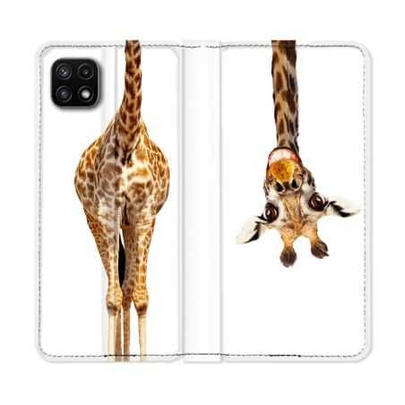 Housse cuir portefeuille Pour Samsung Galaxy A22 5G Animal Girafe Blanche
