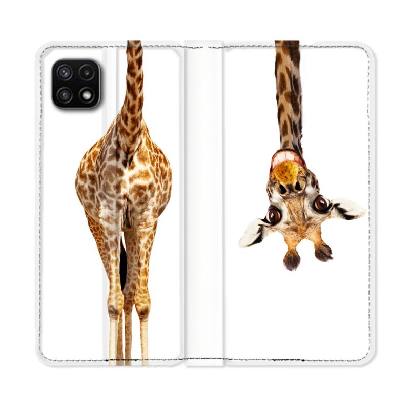 Housse cuir portefeuille Pour Samsung Galaxy A22 5G Animal Girafe Blanche