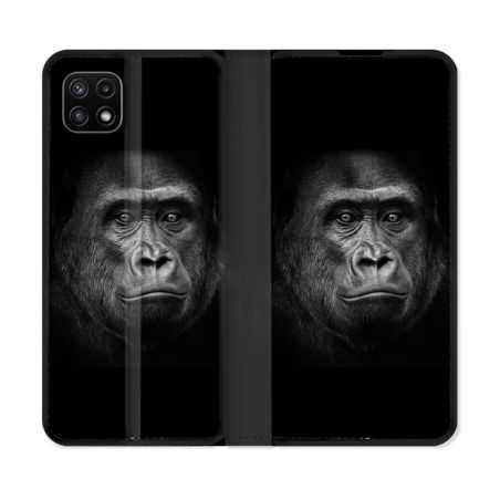 Housse cuir portefeuille Pour Samsung Galaxy A22 5G Animal Gorille Noir