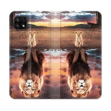 Housse cuir portefeuille Pour Samsung Galaxy A22 5G Animal Lion Reflet