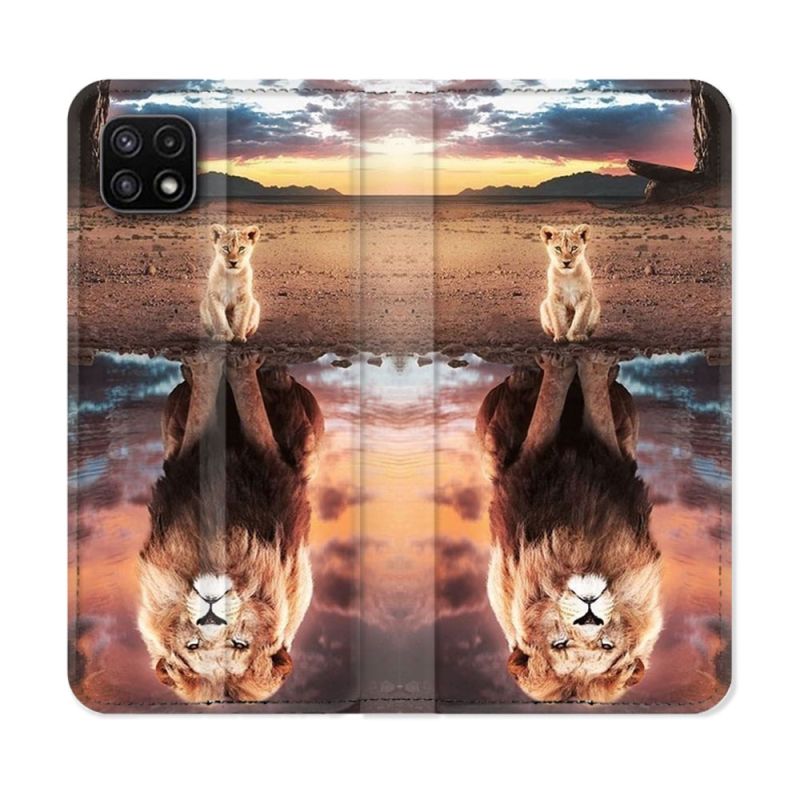 Housse cuir portefeuille Pour Samsung Galaxy A22 5G Animal Lion Reflet