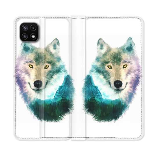 Housse cuir portefeuille Pour Samsung Galaxy A22 5G Animal Loup Montagne