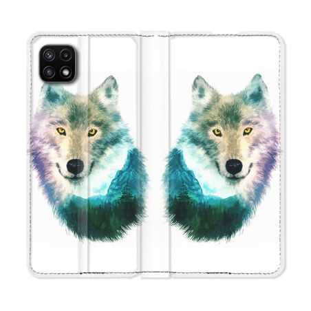 Housse cuir portefeuille Pour Samsung Galaxy A22 5G Animal Loup Montagne