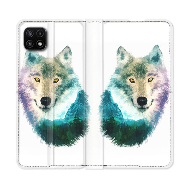 Housse cuir portefeuille Pour Samsung Galaxy A22 5G Animal Loup Montagne