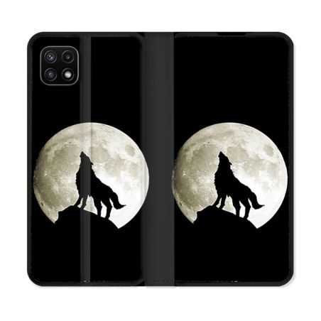 Housse cuir portefeuille Pour Samsung Galaxy A22 5G Animal Loup Noir