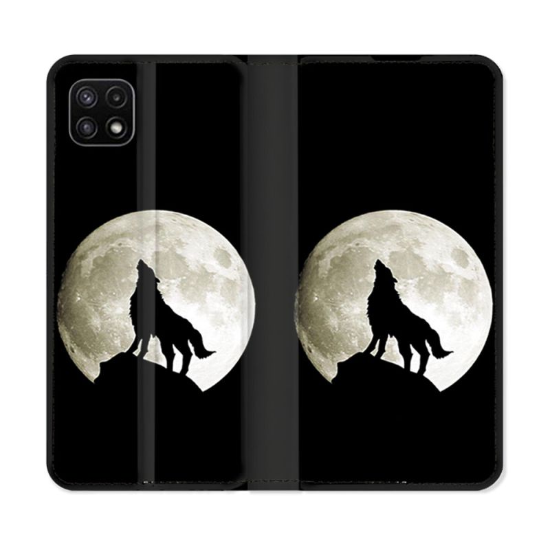 Housse cuir portefeuille Pour Samsung Galaxy A22 5G Animal Loup Noir