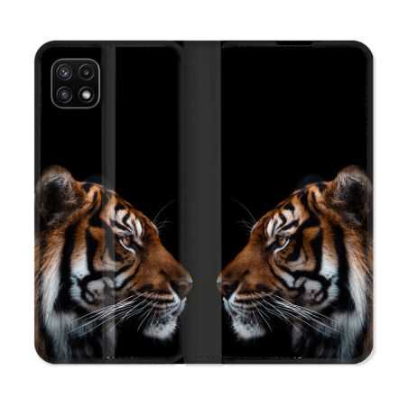 Housse cuir portefeuille Pour Samsung Galaxy A22 5G Animal Tigre Noir