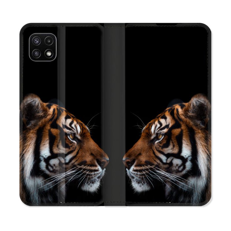Housse cuir portefeuille Pour Samsung Galaxy A22 5G Animal Tigre Noir
