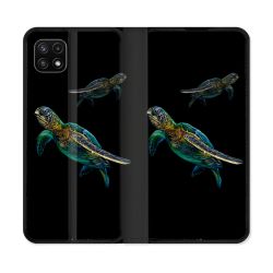 Housse cuir portefeuille Pour Samsung Galaxy A22 5G Animal Tortue Noire multicolore