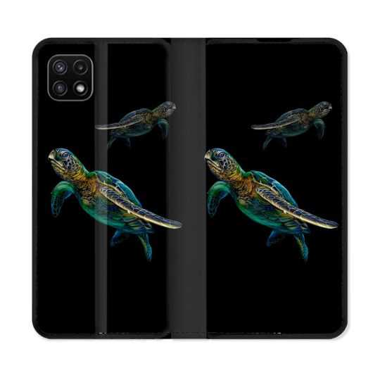 Housse cuir portefeuille Pour Samsung Galaxy A22 5G Animal Tortue Noire multicolore