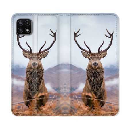 Housse cuir portefeuille Pour Samsung Galaxy A22 5G Chasse Chevreuil Montagne