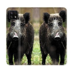 Housse cuir portefeuille Pour Samsung Galaxy A22 5G Chasse Sanglier bois