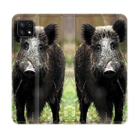 Housse cuir portefeuille Pour Samsung Galaxy A22 5G Chasse Sanglier bois