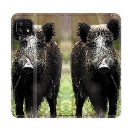Housse cuir portefeuille Pour Samsung Galaxy A22 5G Chasse Sanglier bois