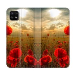 Housse cuir portefeuille Pour Samsung Galaxy A22 5G Fleur Coquelicot