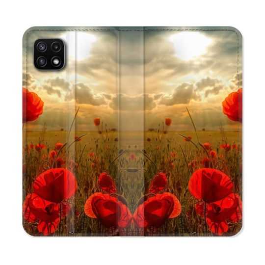 Housse cuir portefeuille Pour Samsung Galaxy A22 5G Fleur Coquelicot