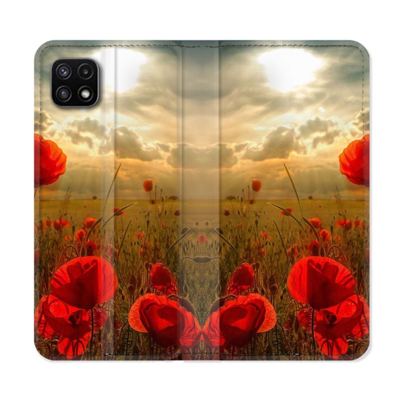 Housse cuir portefeuille Pour Samsung Galaxy A22 5G Fleur Coquelicot