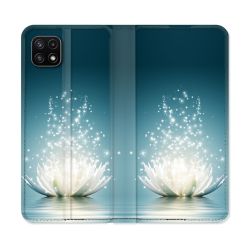 Housse cuir portefeuille Pour Samsung Galaxy A22 5G Fleur Lotus Blanc
